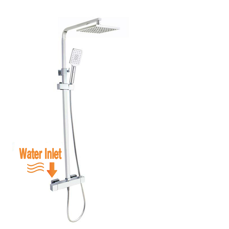 8 inch Square Chrome Twin Shower Set with Thermostatic Mixer Bottom Water Inlet Adjustable Rail