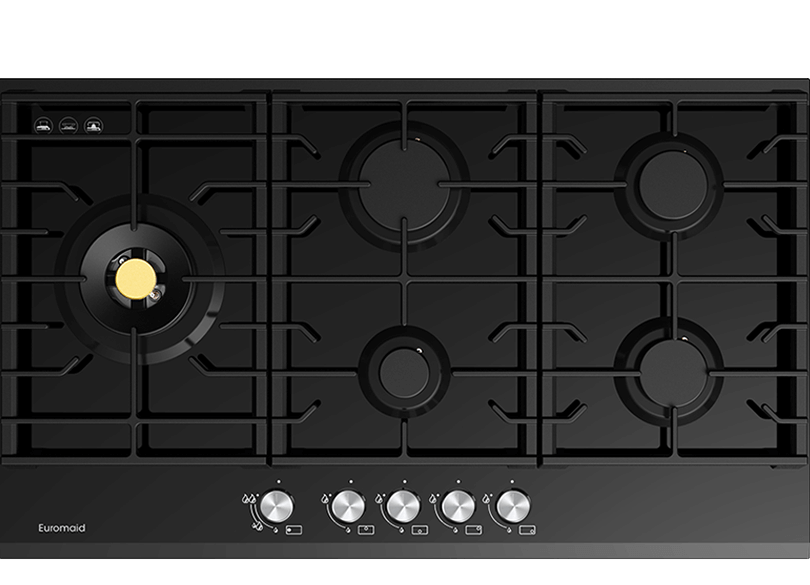 Euromaid 90cm Gas Cooktop With 5 Burners, Black Glass NZ Home Supplies
