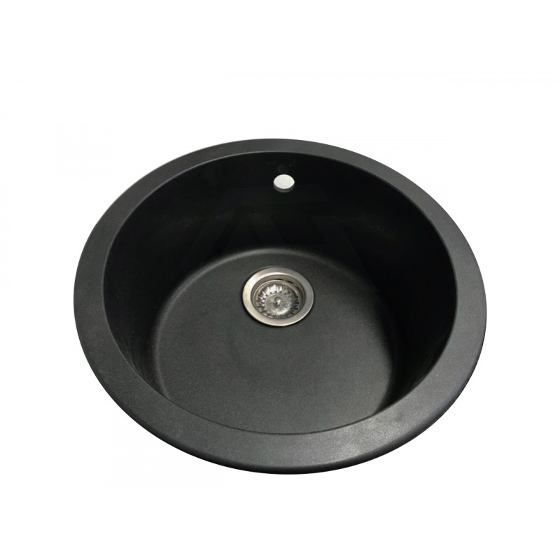 MACHO 460x220mm Black Granite Quartz Stone Kitchen/Laundry Sink Round Single Bowl with Overflow Top/Under Mount