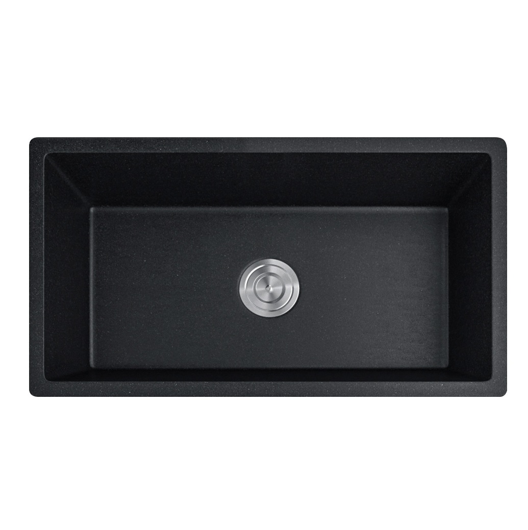 MACHO 735x420x200mm Black Granite Quartz Stone Kitchen Sink Single Bowl with Overflow Top/Under Mount