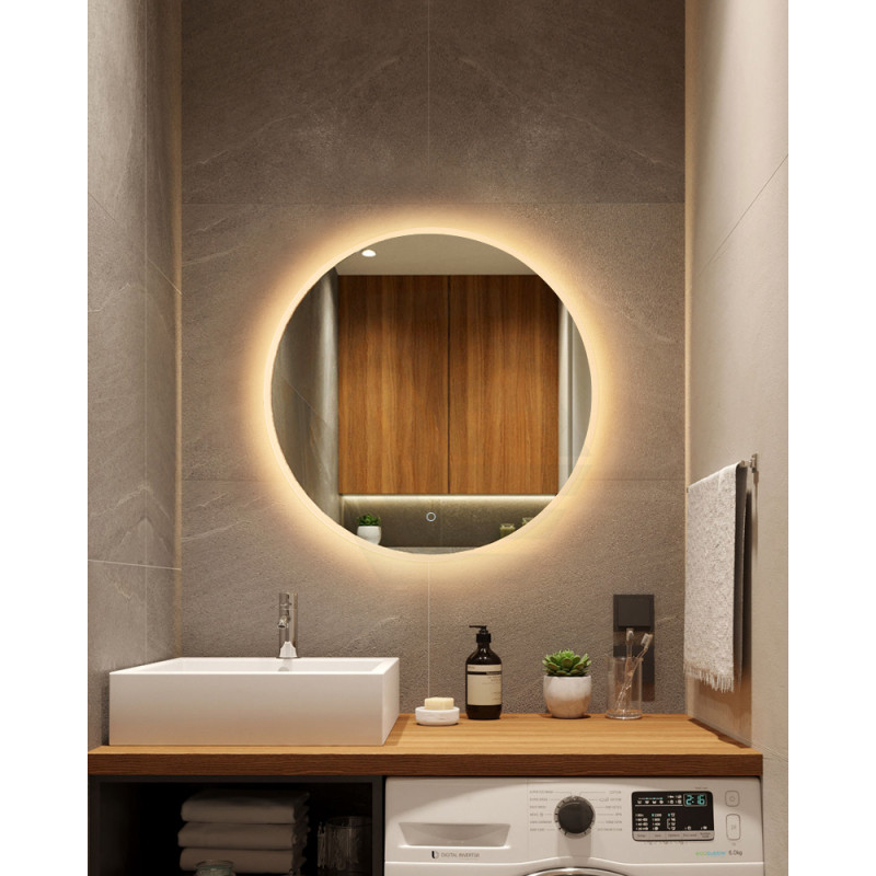900mm Round LED Wall Mirror with DemisterTouch Switch 3 Colours Lighting on 20mm Rim