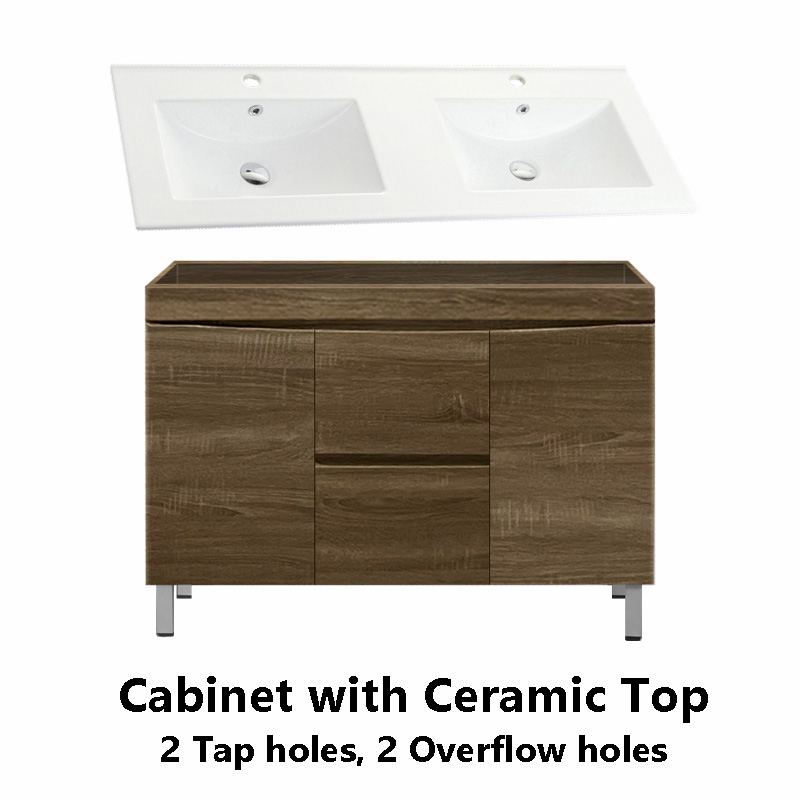 1200mm Freestanding MDF Curve Edge Vanity Dark Oak Finish Double Bowls Cabinet & Ceramic Top for Bathroom - Image 3