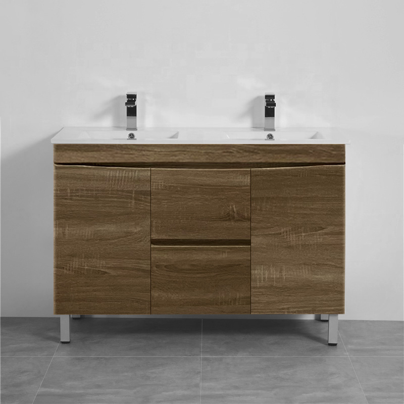 1200mm Freestanding MDF Curve Edge Vanity Dark Oak Finish Double Bowls Cabinet & Ceramic Top for Bathroom