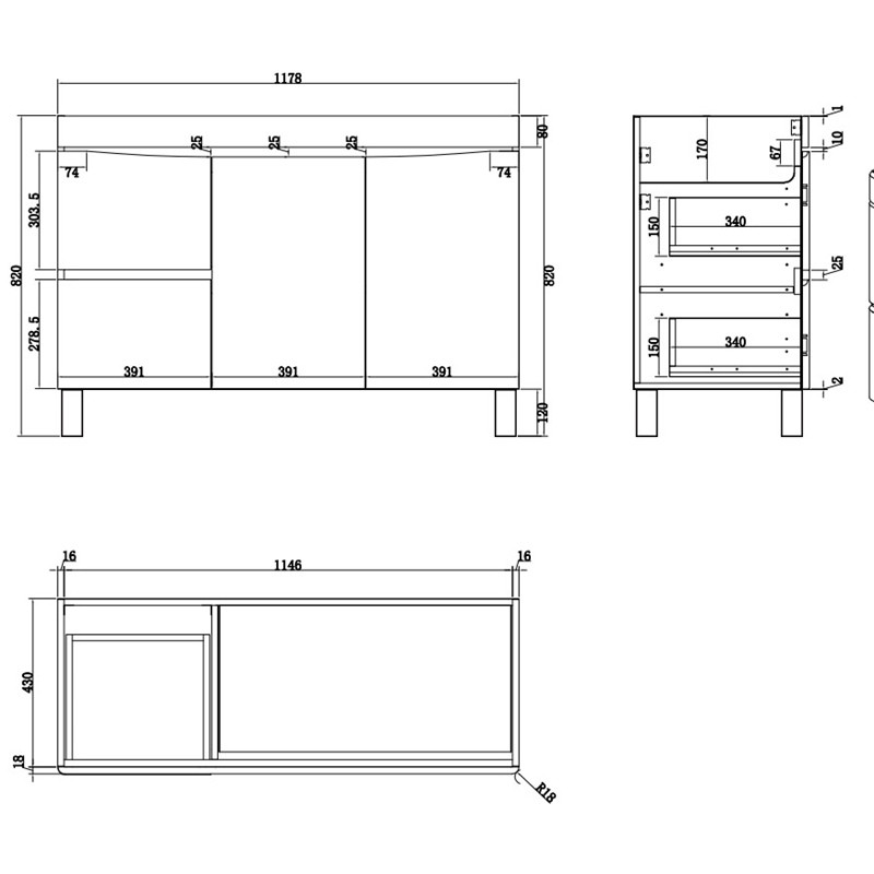 1200mm Freestanding MDF Curve Edge Vanity Dark Oak Finish Left / Right Drawers for Bathroom - Image 6