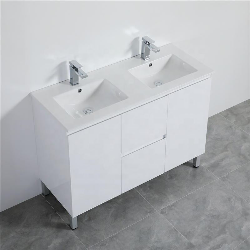 MACHO 1200mm Freestanding PVC Vanity with Gloss White Finish Double Bowls Cabinet & Ceramic Top for Bathroom - Image 3