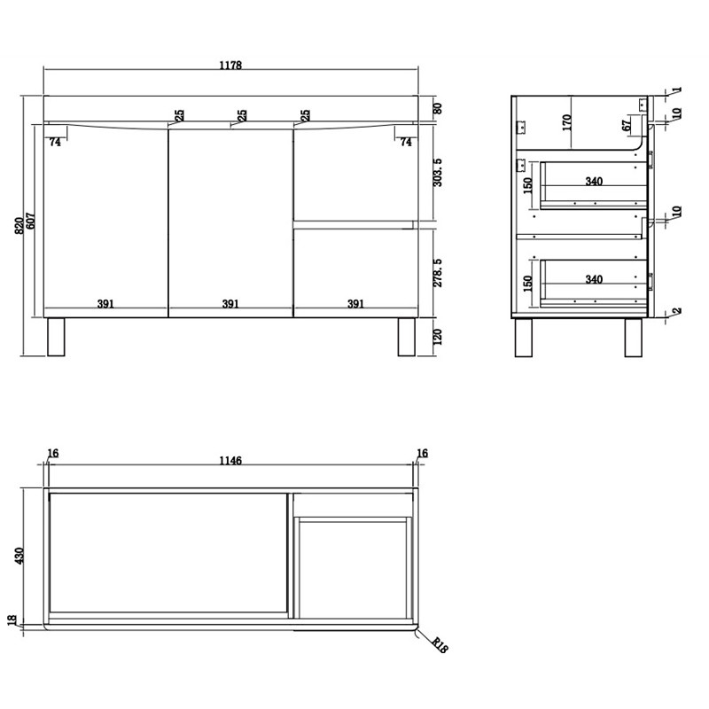 1200mm Freestanding MDF Curve Edge Vanity Dark Oak Finish Left / Right Drawers for Bathroom - Image 7
