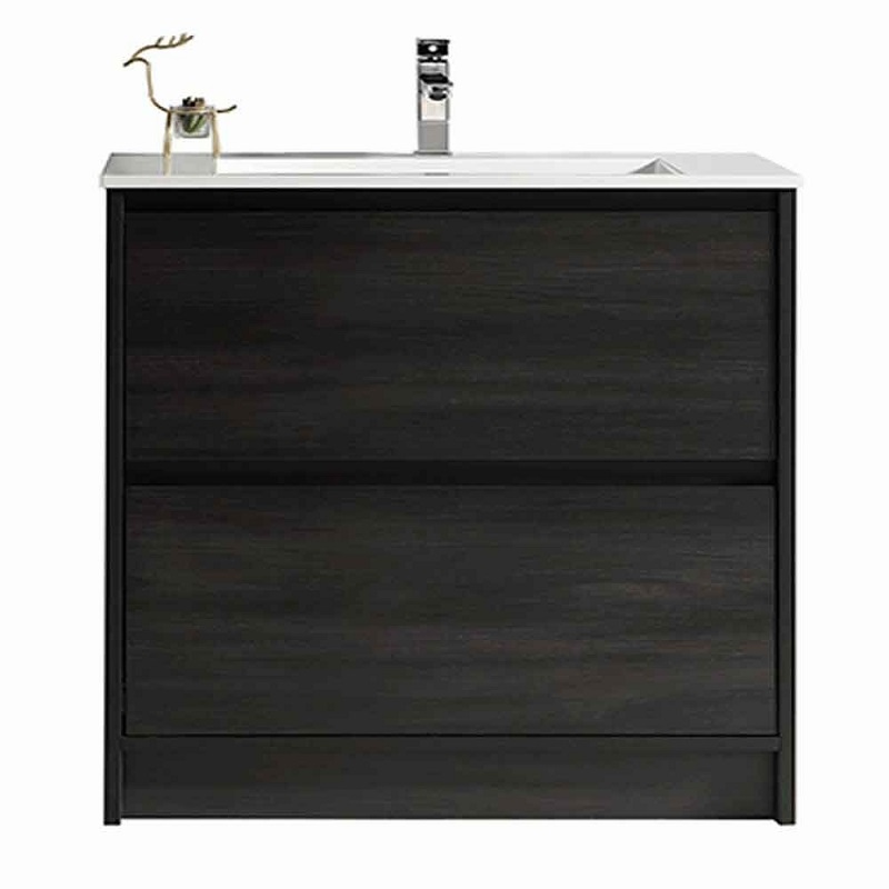 Zara Floor Vanity Black Woodgrain with Stone Resin Sigma Top 750mm