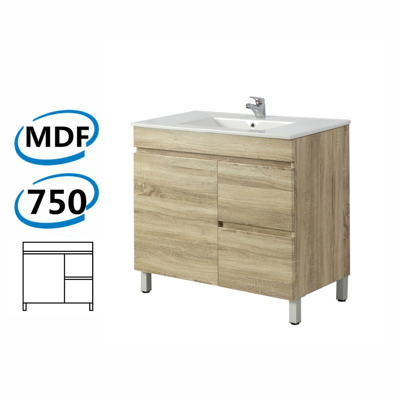 750x450x830mm Berge Bathroom Floor Vanity Freestanding White Oak Left / Right Side Drawers PVC Filmed Cabinet & Ceramic Top
