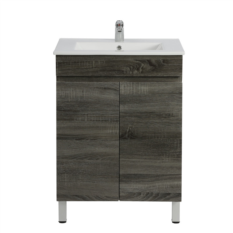 600x450x830mm Berge Bathroom Vanity Freestanding Dark Grey Wood Grain PVC Filmed Cabinet & Ceramic Top Only