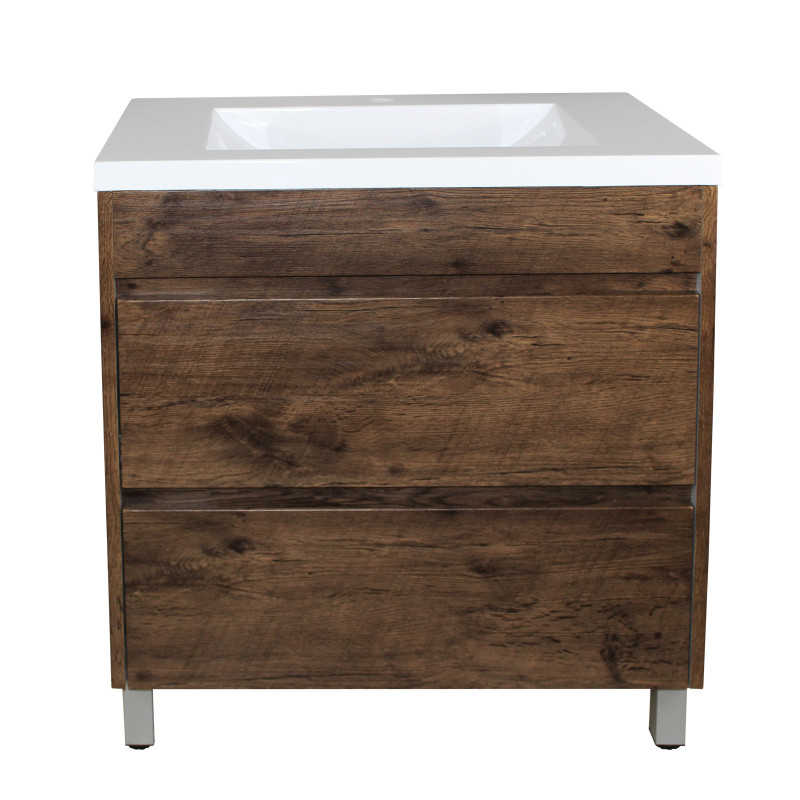 750x460x850mm Bathroom Floor Vanity Freestanding Dark Oak Wood Grain PVC Filmed Cabinet & Ceramic Top