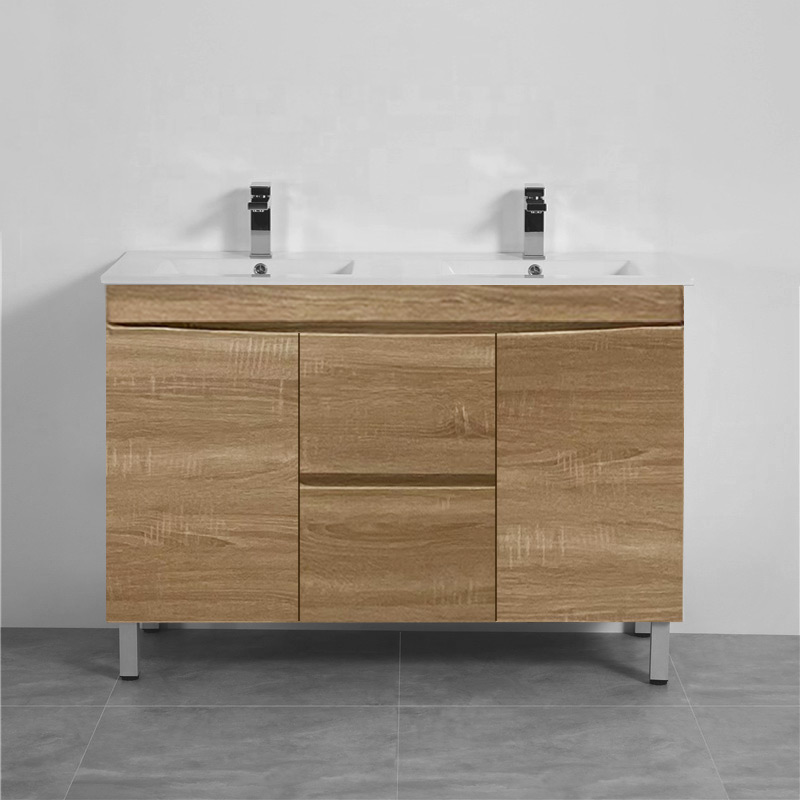 1200mm Freestanding MDF Curved Edge Vanity Light Oak Finish Double Bowls for Bathroom